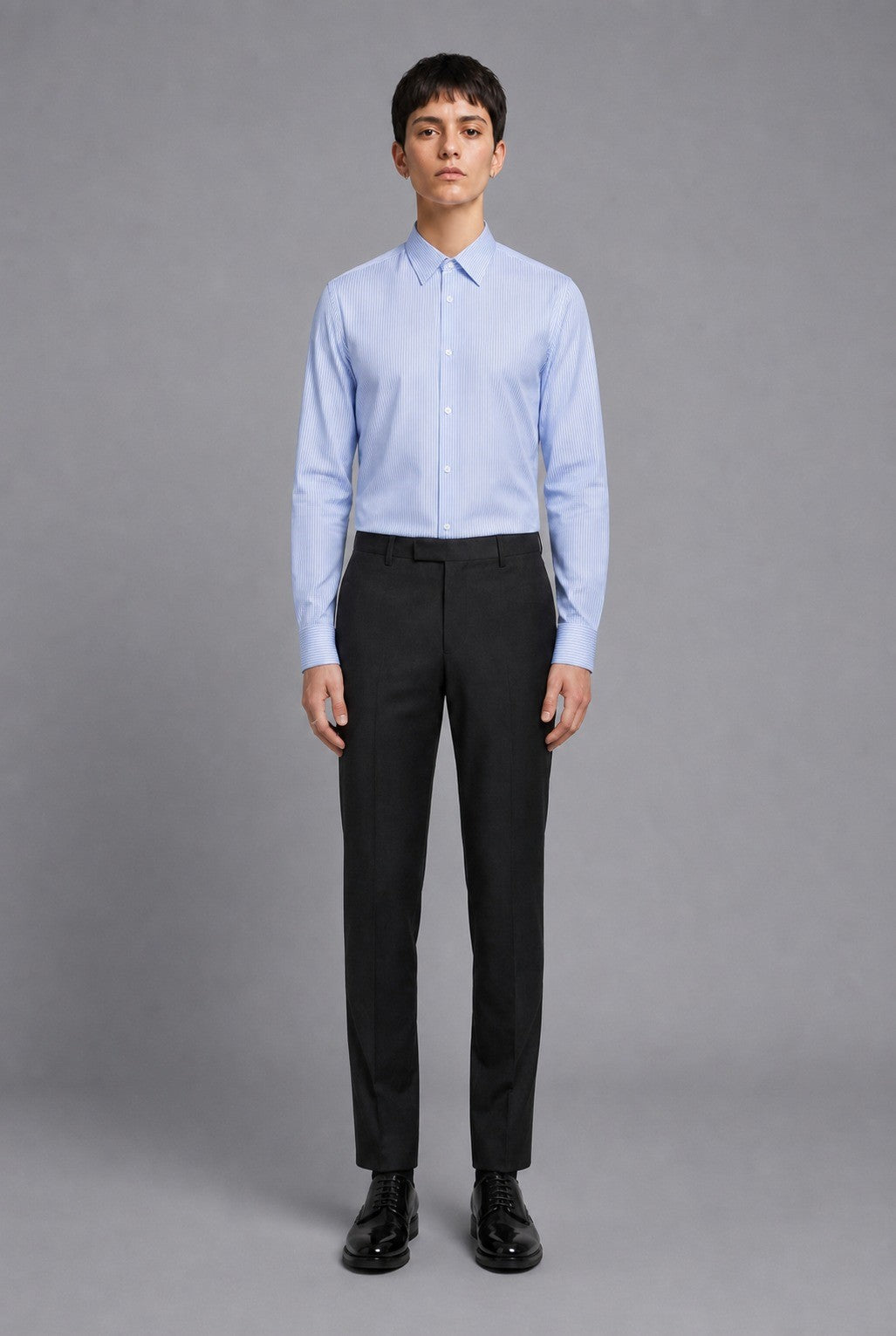 Non-Iron Fine Stripe Shirt in Blue Stripe — 100% cotton 120/2 fine-stripe dress shirt with permanent non-iron finish, made to measure