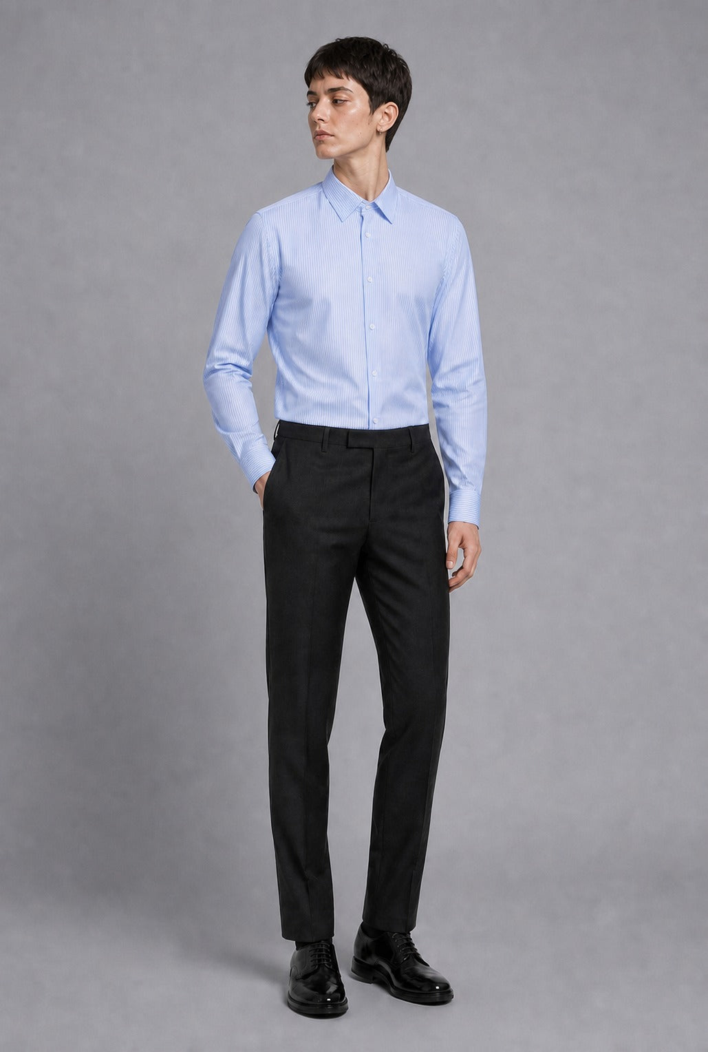 120/2 Non-Iron Fine Stripe — The Executive Precision Shirt in Blue Stripe — 100% cotton 120/2 fine-stripe dress shirt with permanent non-iron finish, made to measure