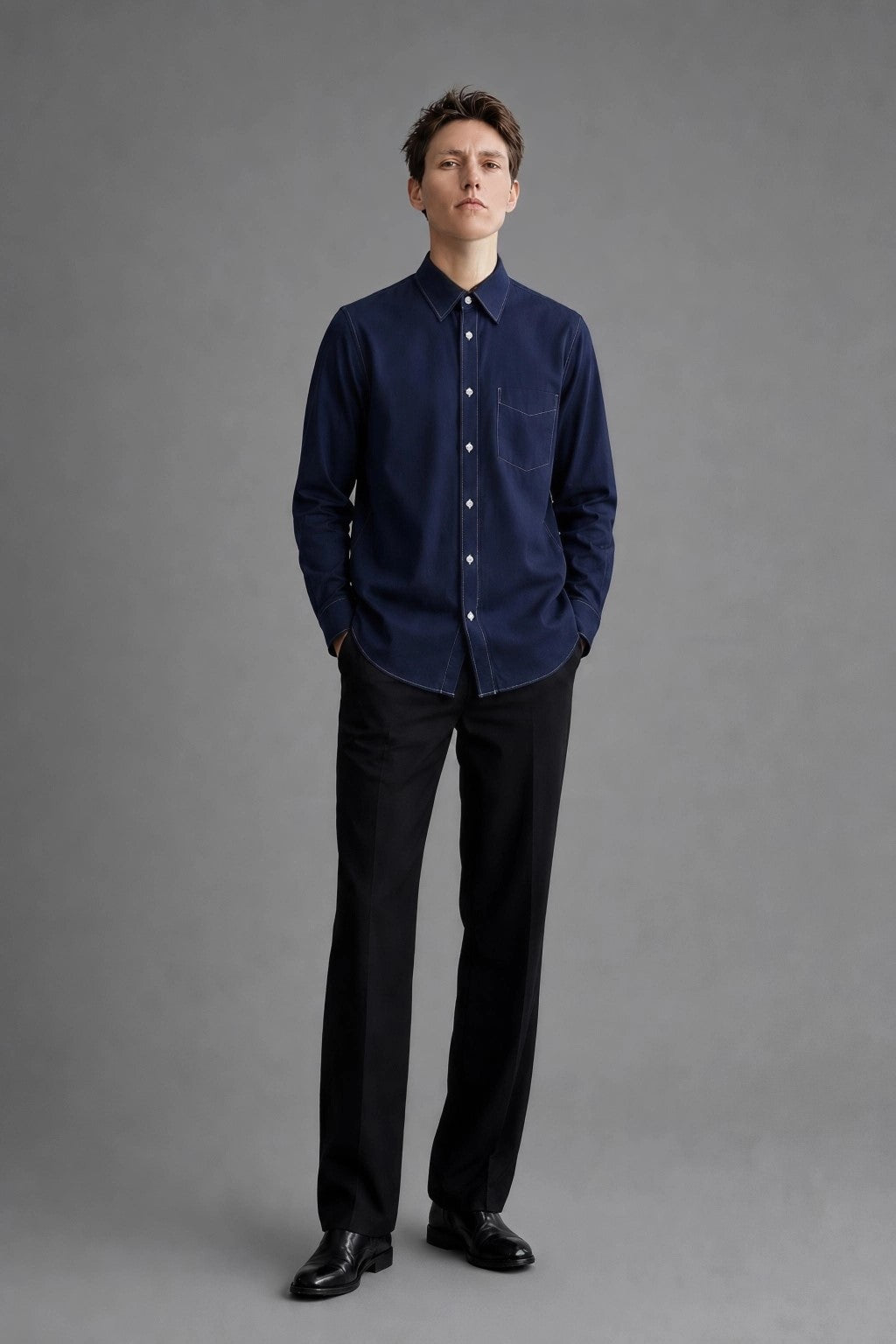 140/2 Ultra-Fine Poplin — The Silk-Touch Solid Shirt in Dark Blue — 100% ultra-fine 140/2 cotton poplin dress shirt with liquid-silk finish, made to measure