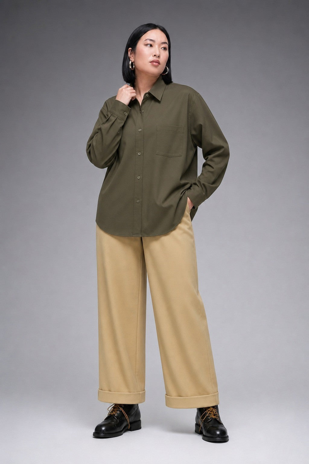 Cotton-Wool Flannel Solid — The Warm Armor Shirt in Beige Khaki — 85% cotton 15% wool brushed flannel shirt, made to measure