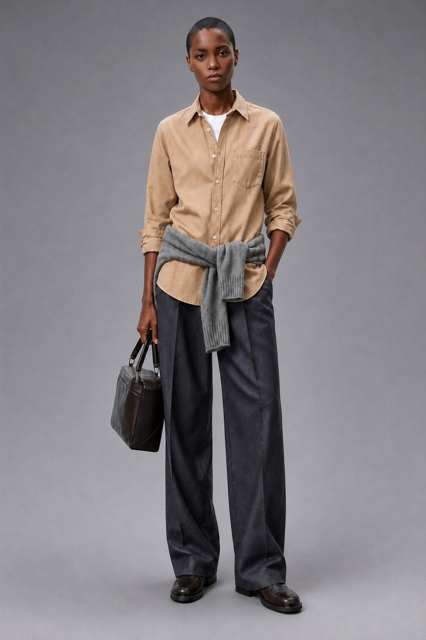 Cotton-Wool Flannel Solid — The Warm Armor Shirt in Beige Khaki — 85% cotton 15% wool brushed flannel shirt, made to measure