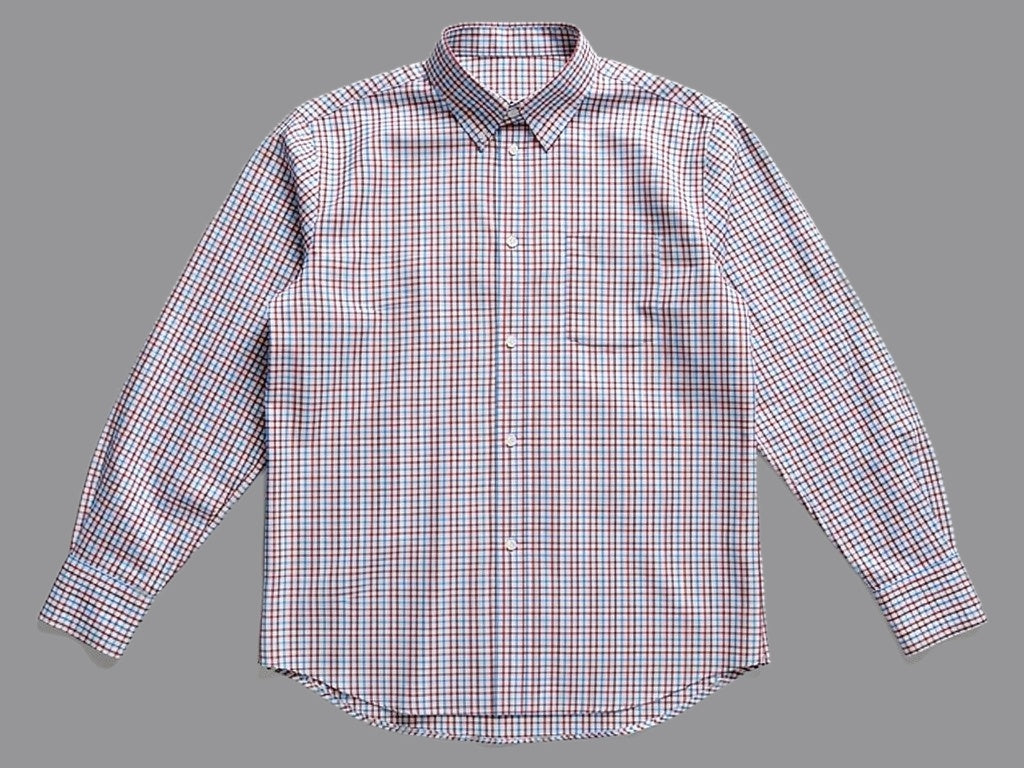 Cotton-Wool Windowpane Check — The Heritage Warmth Shirt in Burgundy Blue Check — 85% cotton 15% wool windowpane-check flannel shirt, made to measure