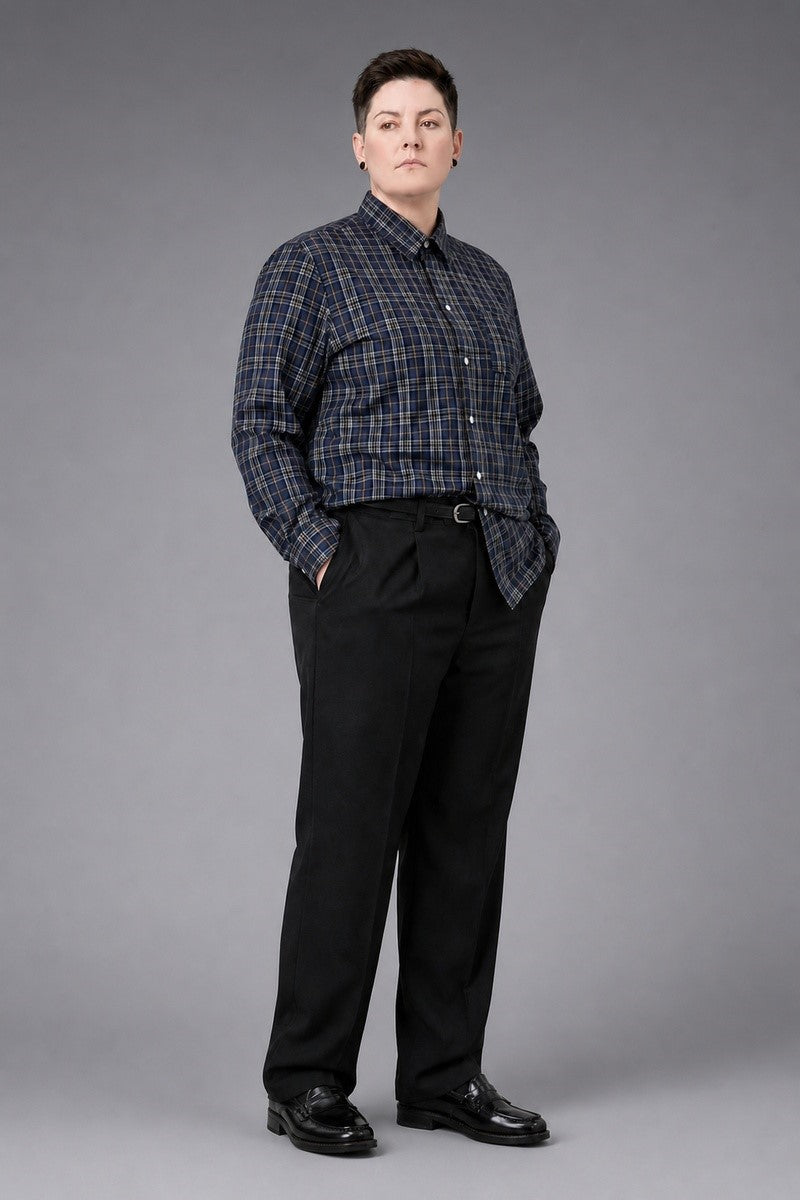 Wool Blend Tartan Check Shirt in Purple — 85% cotton 15% wool tartan-check flannel shirt, made to measure