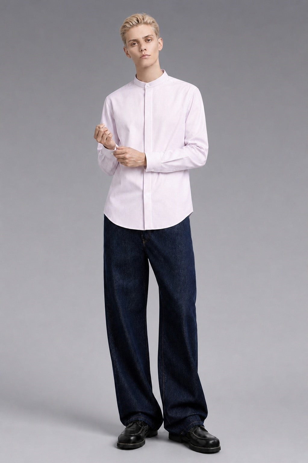 Fluid Tencel Stripe Shirt in Lavender Stripe — 92% cotton 8% Tencel stripe dress shirt with a fluid drape, made to measure
