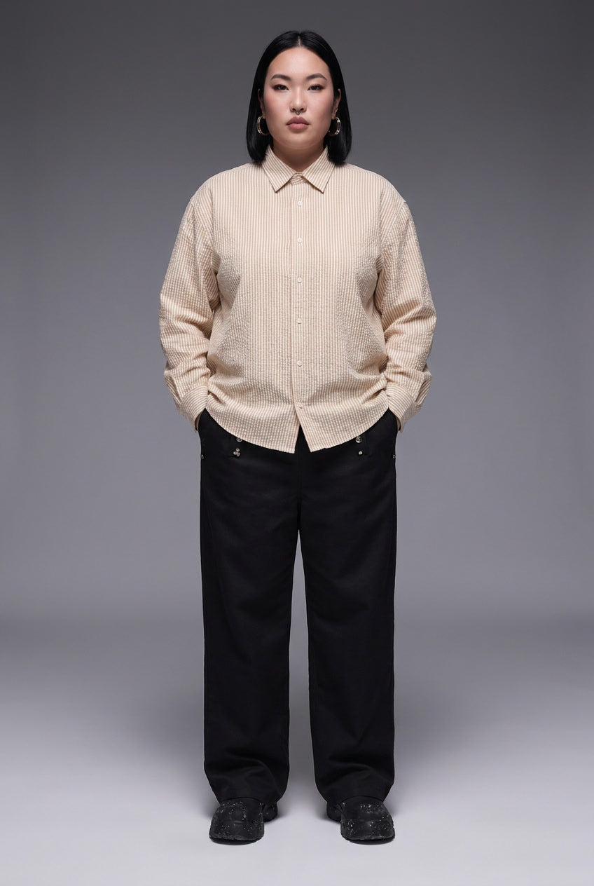 Breeze Seersucker Shirt in Tan — 100% cotton seersucker-stripe shirt with natural crinkle, made to measure