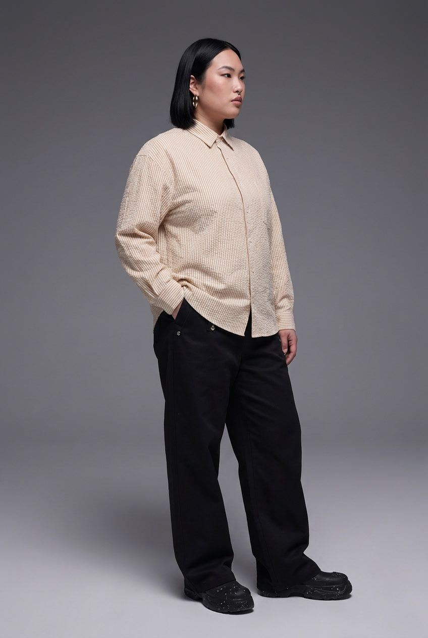Breeze Seersucker Shirt in Tan — 100% cotton seersucker-stripe shirt with natural crinkle, made to measure