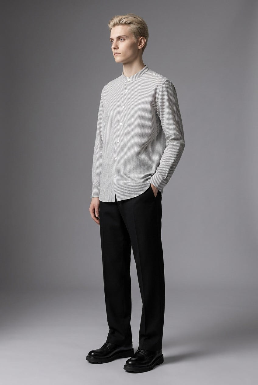 Cotton Seersucker Stripe — The Airy Rebel Shirt in Grey — 100% cotton seersucker-stripe shirt with natural crinkle, made to measure