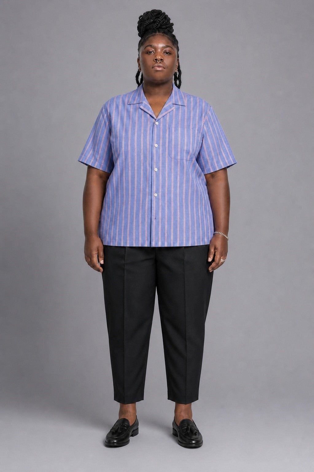 Breeze Linen Fine Stripe Shirt in Blue Lilac Stripe — 100% linen fine-stripe shirt, naturally breathable, made to measure