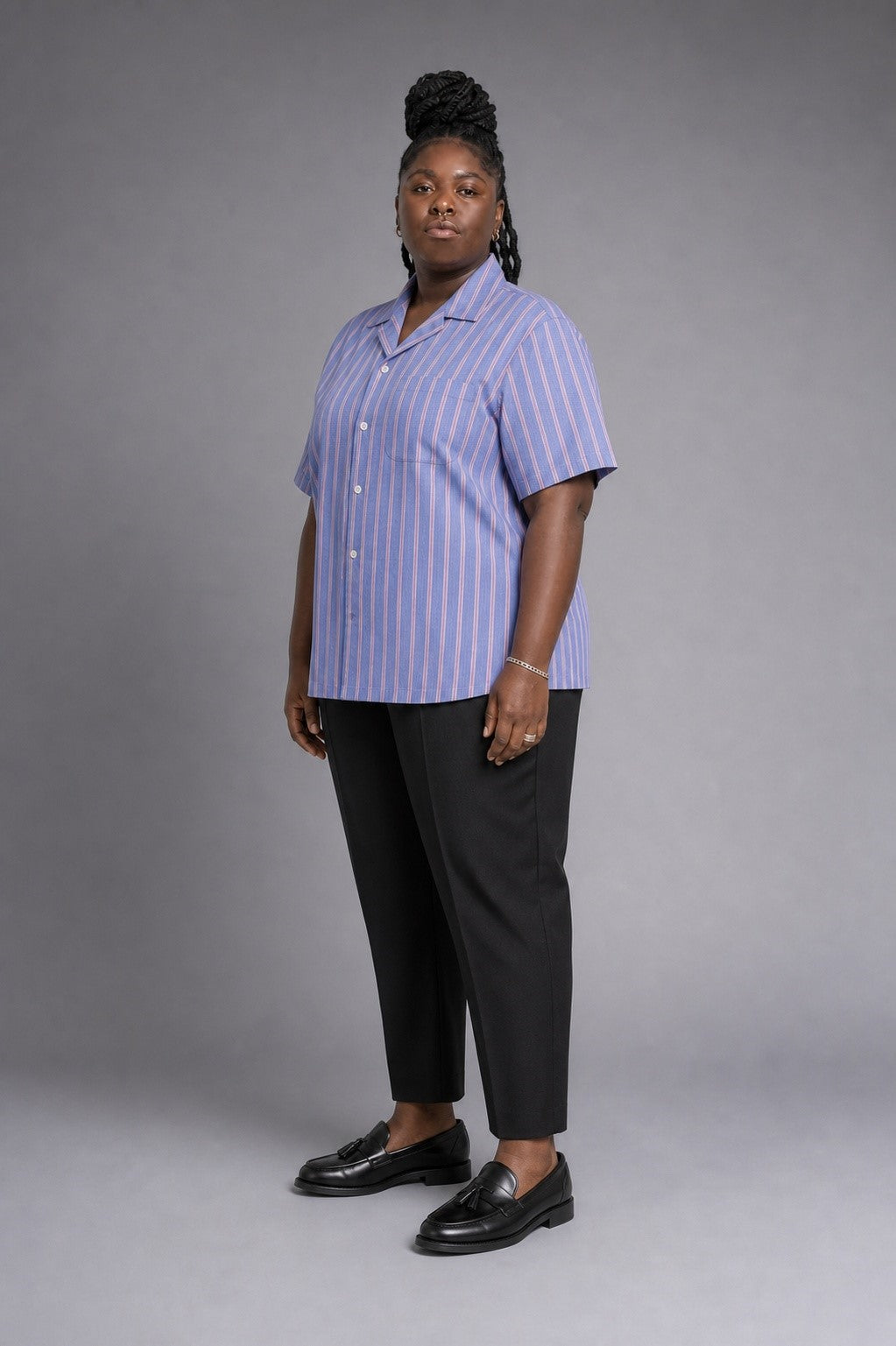Breeze Linen Fine Stripe Shirt in Blue Lilac Stripe — 100% linen fine-stripe shirt, naturally breathable, made to measure