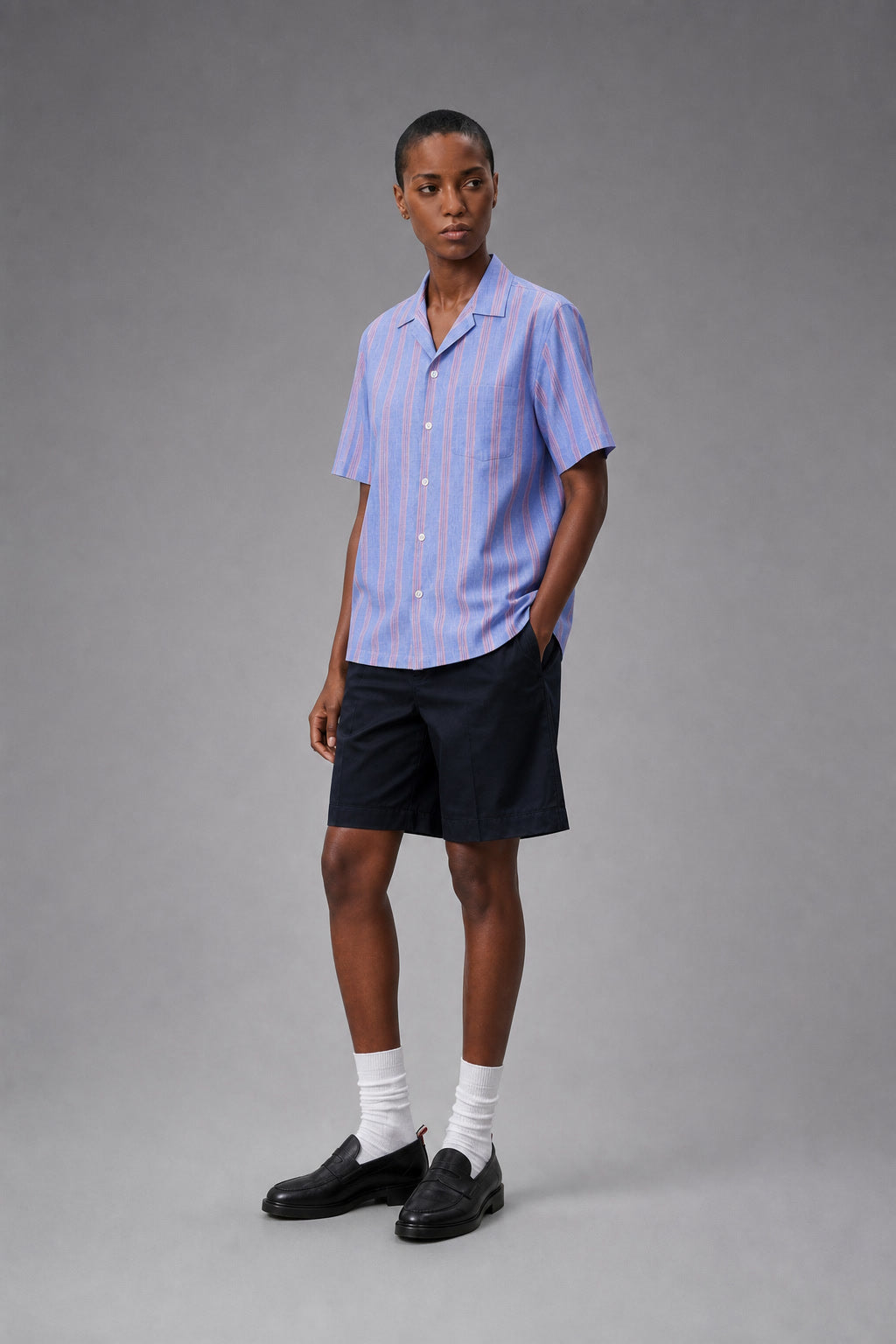 Breeze Linen Bold Stripe Shirt in Blue Red Stripe — 100% linen bold-stripe shirt, naturally breathable, made to measure