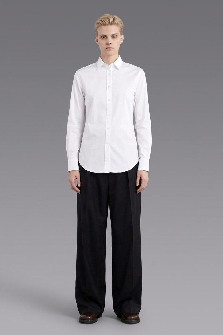 Motion Stretch Solid Shirt in White — 94% cotton 6% spandex 4-way stretch dress shirt, made to measure