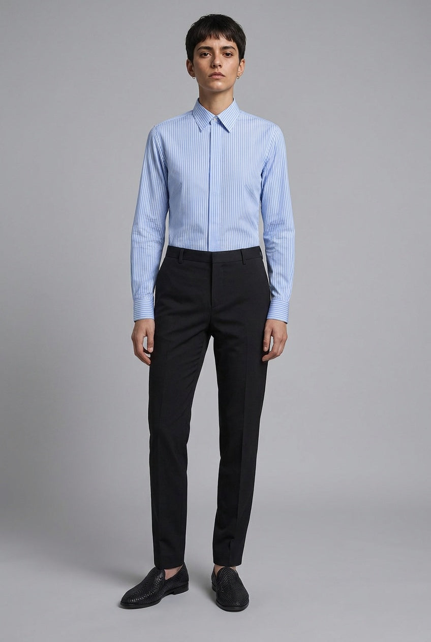 Featherweight Stretch Stripe — The Free Motion Shirt in Light Blue — featherweight cotton-nylon stretch stripe shirt, made to measure