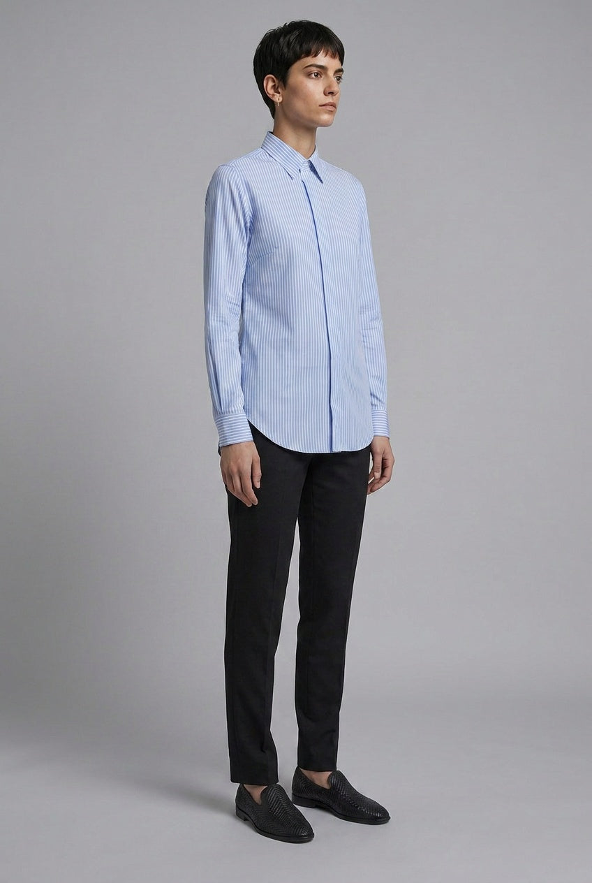 Featherweight Stretch Stripe — The Free Motion Shirt in Light Blue — featherweight cotton-nylon stretch stripe shirt, made to measure