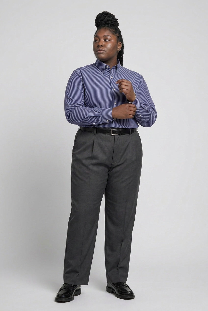Featherweight Stretch Stripe — The Free Motion Shirt in Dark Blue — featherweight cotton-nylon stretch stripe shirt, made to measure