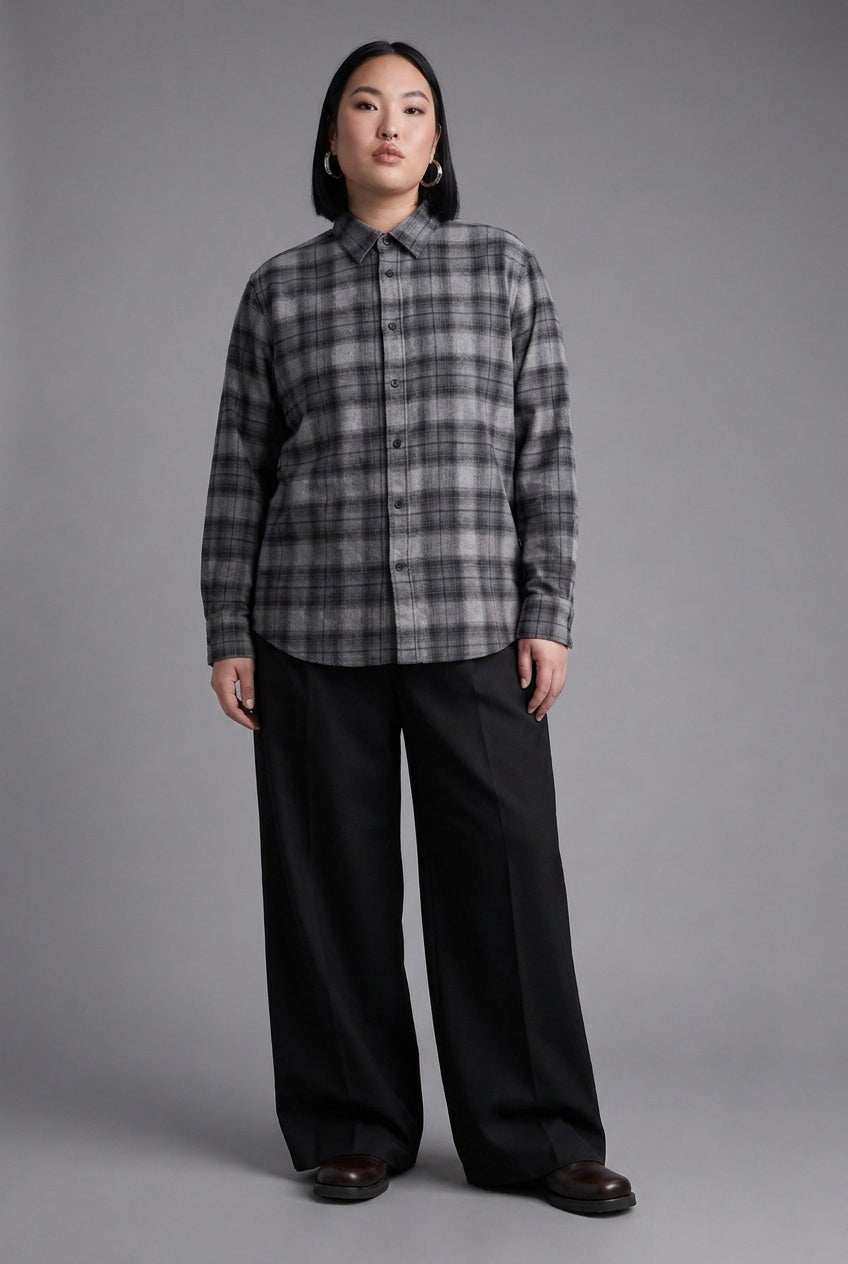Winter Flannel Windowpane Check Shirt in Black Check — 100% cotton double-brushed flannel windowpane shirt, made to measure