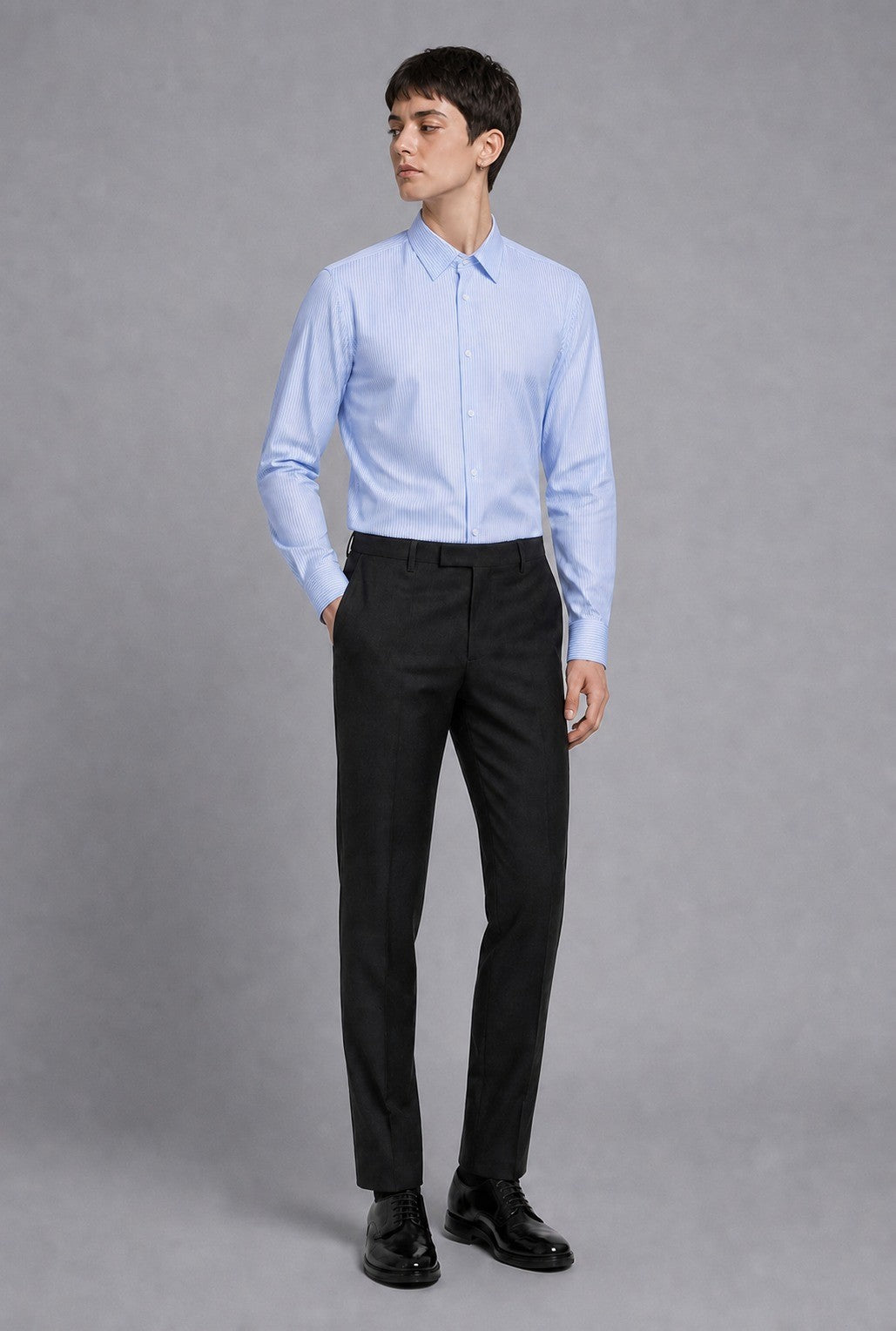 Non-Iron Fine Stripe Shirt in Blue Stripe — 100% cotton 120/2 fine-stripe dress shirt with permanent non-iron finish, made to measure
