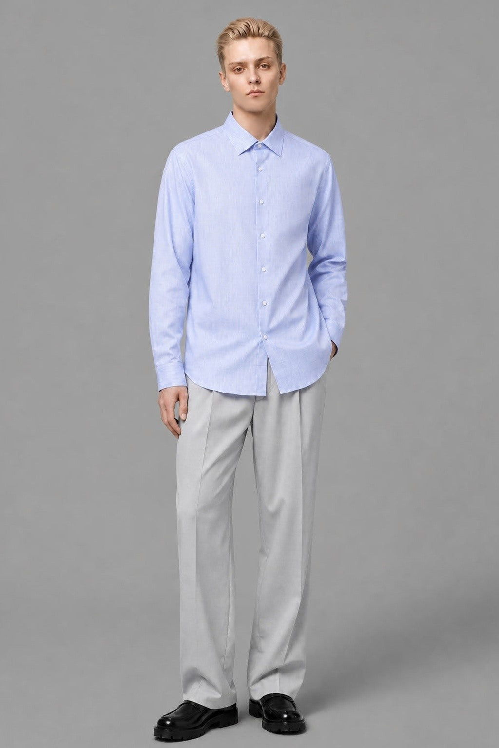 Imperial Micro-Check Shirt in Blue — 100% high-count cotton dobby micro-check dress shirt with easy-care finish, made to measure