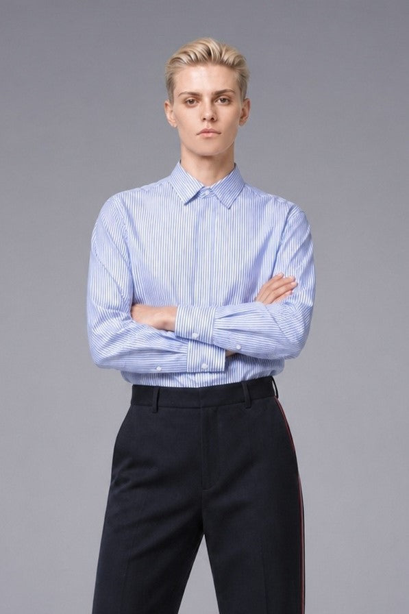 140/2 Ultra-Fine Stripe — The Silk-Touch Pinstripe Shirt in Light Blue — 100% ultra-fine 140/2 cotton pinstripe dress shirt with liquid-silk finish, made to measure