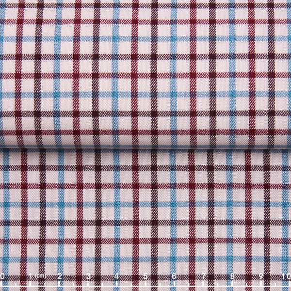 Cotton-Wool Windowpane Check — The Heritage Warmth Shirt in Burgundy Blue Check — 85% cotton 15% wool windowpane-check flannel shirt, made to measure