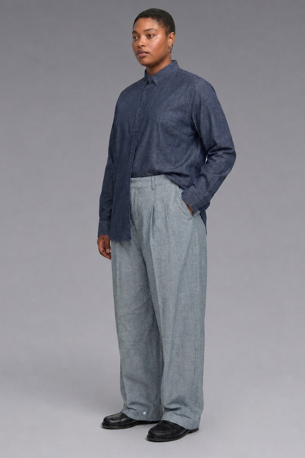 Everyday Chambray Shirt in Navy — 100% cotton chambray shirt with a denim-touch finish, made to measure