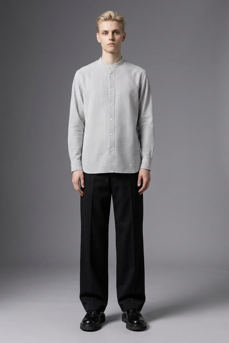 Breeze Seersucker Shirt in Grey — 100% cotton seersucker-stripe shirt with natural crinkle, made to measure