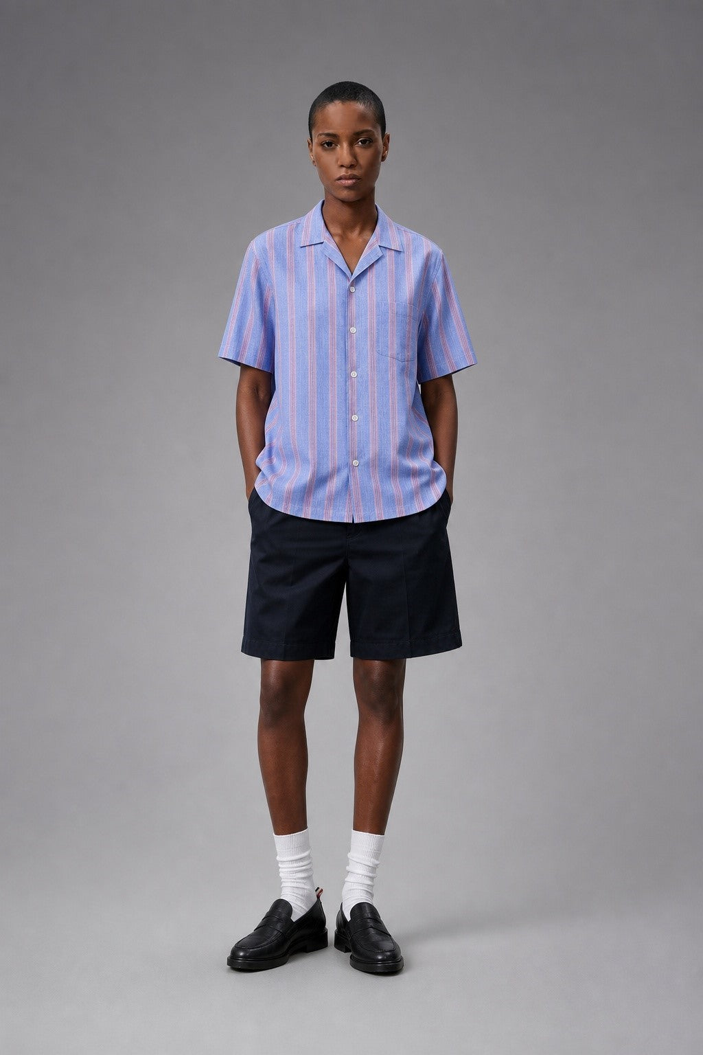 100% Linen Bengal Stripe — The Nomad Stripe Shirt in Blue Red Stripe — 100% linen bengal-stripe shirt, naturally breathable, made to measure