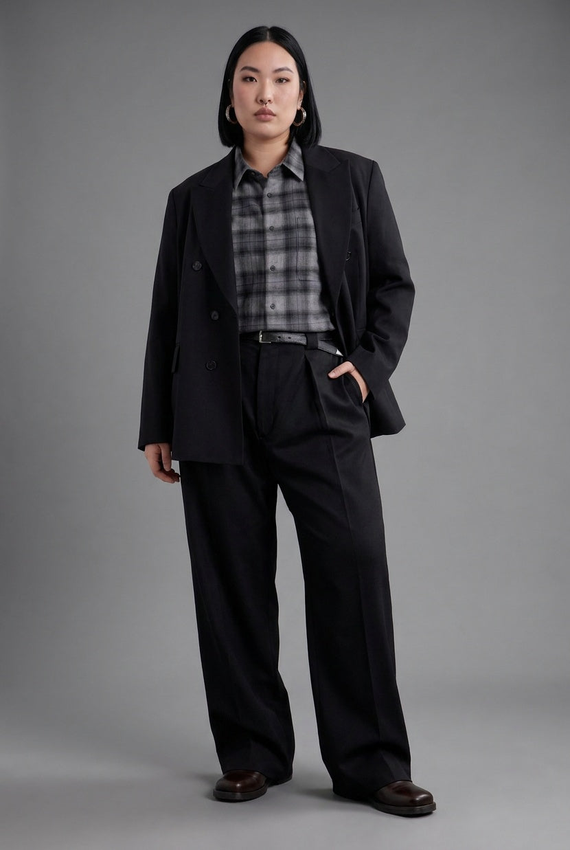 Double-Brushed Flannel Windowpane — The Cozy Heritage Shirt in Black Check — 100% cotton double-brushed flannel windowpane shirt, made to measure