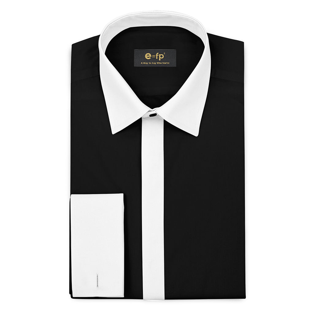 SILK TOUCH BLACK COTTON SHIRT WITH CONTRAST COLLAR, CUFFS AND PLACKET
